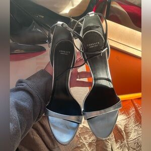 Versace one strap high heels silver